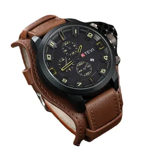 Men's stylish sports watch featuring an oversized black dial and a premium wide brown leather strap