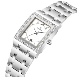 WWOOR silberne quadratische Quarzuhr mit Diamantlünette und Edelstahlarmband