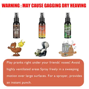 Prank fart spray set showing Smell from Hell and Toxic Bomb bottles with usage instructions