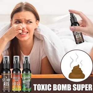 Detailed view of Stinky Ass and Toxic Bomb prank spray bottles for April Fools Day gags