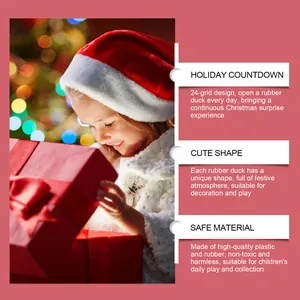 Girl opening Christmas advent gift box with 24-day rubber duck surprise countdown.