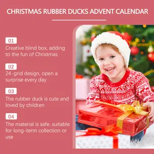 Happy child holding a red gift box next to a list of features for the advent calendar