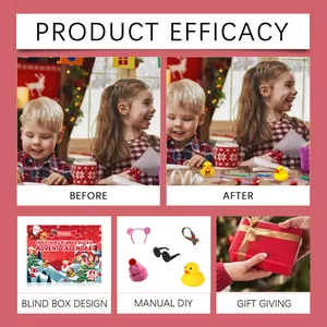 Detail view of Christmas rubber duck advent calendar with DIY accessories and gift scene.
