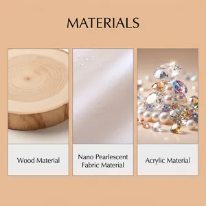 Close-up of wood base, pearlescent fabric, and acrylic diamonds materials