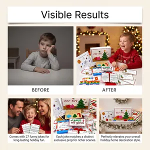 Detail-Collage zeigt Gefühlsänderung beim Kind und Weihnachtself-Kit Komponenten