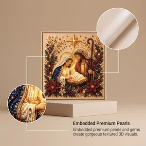 Close-up detail of premium pearl and gem texture on 3D nativity scene diamond painting.