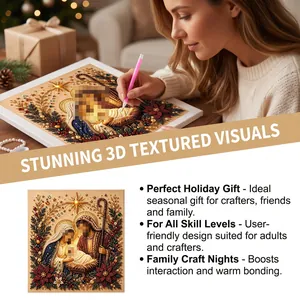 Detail of the 3D pearl diamond painting process featuring a festive Christmas nativity scene.