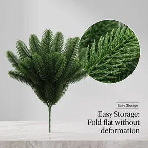 Close-up detail of artificial Christmas pine branch with fold-flat easy storage design