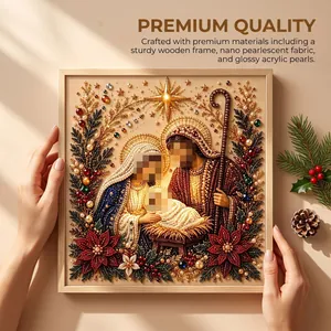 Premium nativity scene pearl diamond painting art with wooden frame for Christmas decor