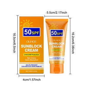 Detaillierte Abmessungen der OUHOE SPF 50 Sonnencreme-Tube und der Verpackungsbox
