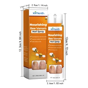 Pflegendes Bienengift-Nagelspray mit Maßen für Flasche und Verpackung im Detail.