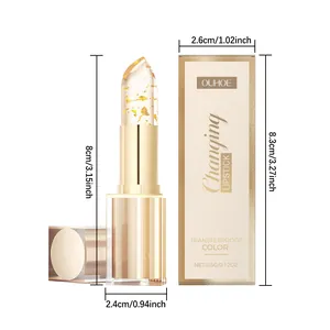 Detail view of gold foil color changing lipstick with packaging and precise dimensions.