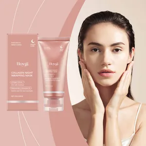 Λεπτομέρεια της μάσκας νύχτας Hoygi Collagen με μοντέλο που δείχνει λείο και λαμπερό δέρμα