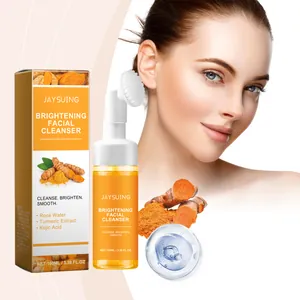 Vue détaillée du nettoyant visage au curcuma JAYSUING, flacon, boîte et texture du gel