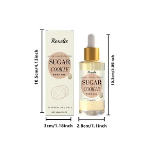 Aceite corporal de galleta de azúcar 30ml con gotero y dimensiones de caja