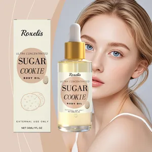 Aceite corporal de galleta de azúcar ultra concentrado con frasco y modelo.