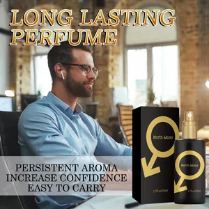 Men's pheromone perfume bottle and box shown with a professional man in an office setting