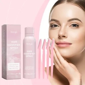 Hoygi hair identifier spray kit with four facial razors displayed with a female model