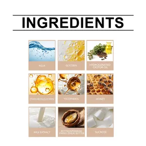 Detalle de ingredientes del aceite corporal con aroma a galleta, incluyendo manteca de karité y miel