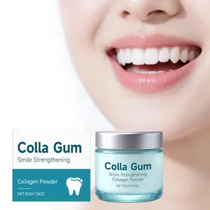 Macro view of Colla Gum collagen powder jar and box next to a bright white teeth smile