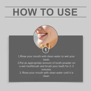 Instructional guide for collagen tooth powder showing usage steps and a bright smile.