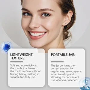 Gentle collagen tooth powder detail with texture description and portable jar benefits
