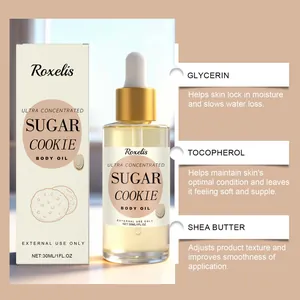Vista detallada del aceite corporal Roxelis Sugar Cookie con ingredientes y envase