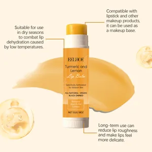 Detailed view of EELHOE Turmeric and Lemon Lip Balm showing texture and key benefits