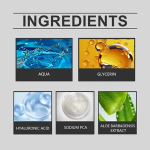 Ingredient list visualization including Hyaluronic Acid and Aloe Barbadensis Extract.