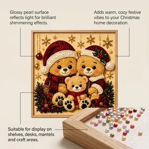 Detail of Christmas bear pearl diamond painting showing glossy shimmering beads in frame