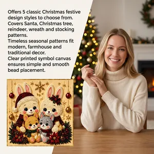 Detailed view of Christmas pearl diamond painting with rabbit family design and marketing text.
