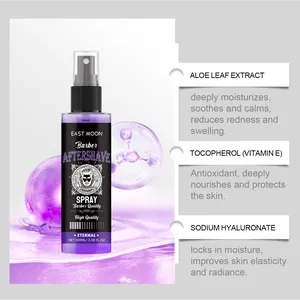 Detail view of East Moon aftershave spray featuring aloe, vitamin E and hyaluronic acid.