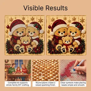 Detail shots showing Christmas bear pearl diamond painting kit and family DIY process