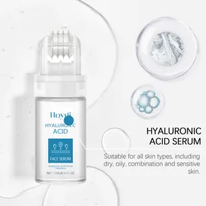 Macro detail of Hoygi Hyaluronic Acid Serum bottle with innovative skin roller applicator head
