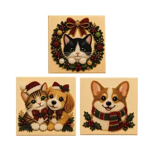 Three-piece Christmas pearl art set featuring festive cats and a puppy