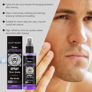 Detail showing EAST MOON aftershave spray with moisturizing and soothing skin benefits