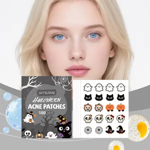 Halloween-themed acne patches featuring cute cartoon designs and product packaging box