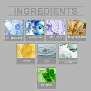Skincare ingredients list for acne patches including hyaluronic acid, tea tree oil and salicylic acid