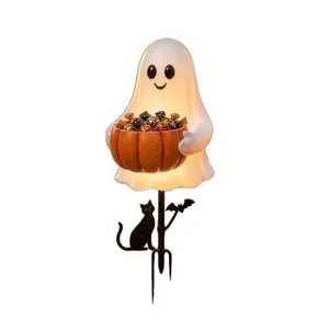 Estaca de jardín de fantasma de Halloween solar con tazón de dulces de calabaza y gato