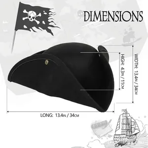 Vista dettagliata del cappello da pirata nero con dimensioni 34x34x11cm