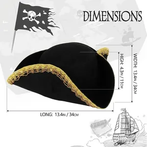 Dettaglio delle dimensioni di un cappello da pirata nero con bordo in oro per costumi