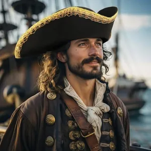 Primo piano di un cappello da pirata a tricorno nero con finiture dorate su un modello.