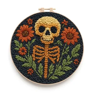 Macro detail of hand-crafted skull and floral embroidery on a dark background