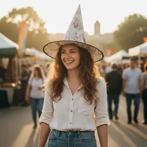 Dettaglio di un cappello da mago di Halloween a punta con stampa di mappa vintage