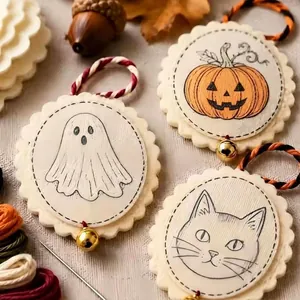 Nahaufnahme von Halloween DIY Stickornamenten mit Kürbis, Geist und Katzenmotiv