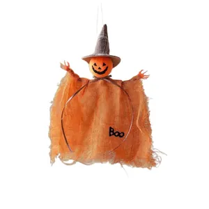 Halloween hanging pumpkin ghost decoration with orange mesh body and witch hat party prop