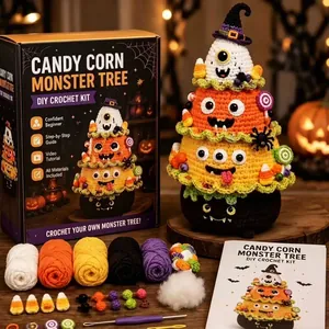 Detailed view of Halloween candy corn monster tree DIY crochet kit with all materials