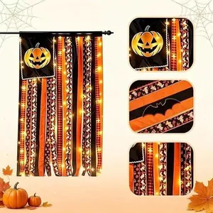 Halloween Cotton Tassel Ribbon Hanging Flag Pumpkin Bat Pattern LED Light Festive Party Door Porch Home Decor Banner