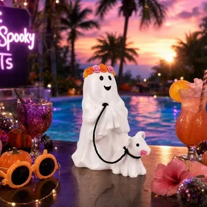 Figura de Fantasma Paseando al Perro de Halloween Estatua de Resina Escultura de Fantasma Blanco Adorno Decorativo para Hogar y Jardín