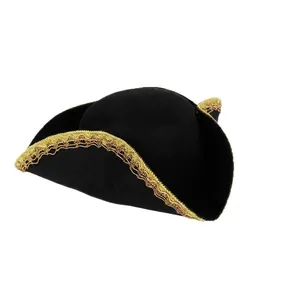 Cappello da pirata tricorno nero per Halloween con bordo dorato